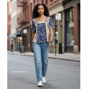 Floral V-Neck‎ Short Sleeve Blouse